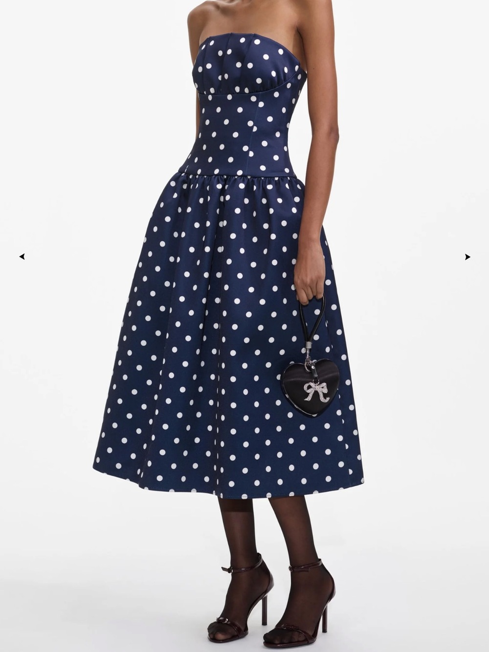 Self-Portrait NAVY BANDEAU POLKA DOT SATIN MIDI DRESS